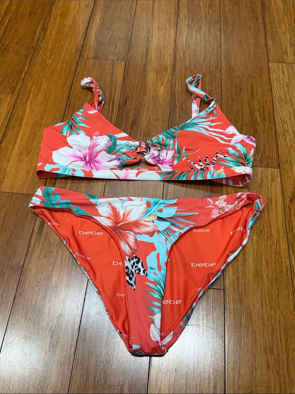 bebe Coral Floral Print Bikini Set with Teal Accents LARGE
